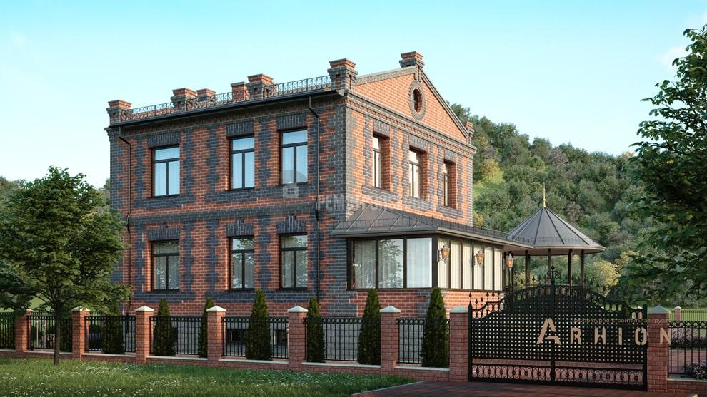 4. Проект двухэтажного дома в замковом стиле с двускатной кровлей, t-23-01, площадью - 213 кв c цокольным этажом, терассой